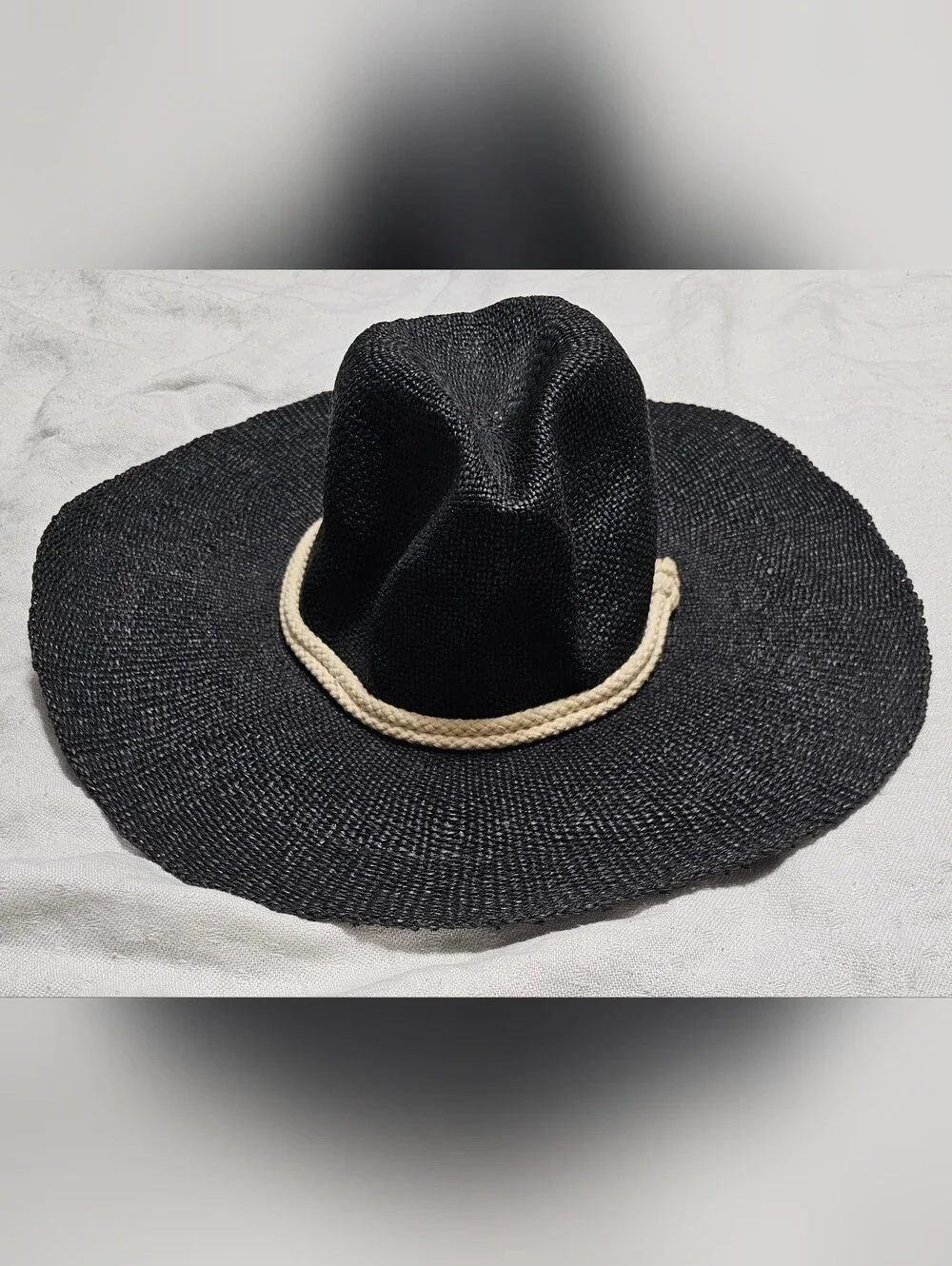 Free People Black Straw Paper Woven Sun Hat Wide Brim Rope Accent Beach One Size